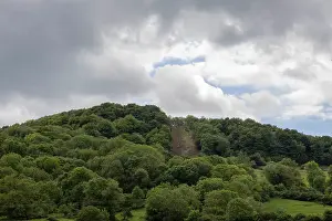 Gloucestershire Prints: General distant view of Cooper's Hill during the annual Spring bank holiday cheese-rolling event near Gloucester