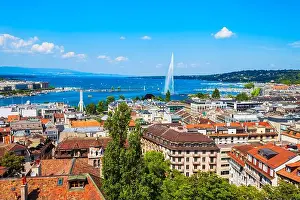 Geneva Prints: Geneva aerial panoramic view. Geneva or Geneve is the second most populous city in Switzerland