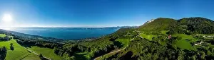 Geneva lake aerial panoramic view from drone, sunset time, France