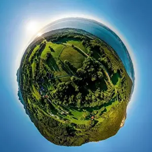 Lac Leman Prints: Geneva lake aerial panoramic view from drone, sunset time, France