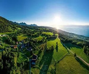 Lac Leman Prints: Geneva lake aerial panoramic view from drone, sunset time, France