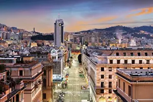 Genoa, Italy cityscape at dusk over Brigata Liguria Street
