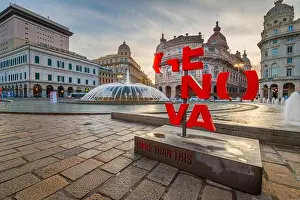 Ligurian Prints: GENOA, ITALY - DECEMBER 30, 2021: Piazza De Ferrari at the fountain in the morning