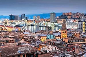 Images Dated 1st January 2022: Genova, Italy downtown skyline with historic towers at dusk