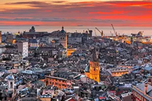 Ligurian Prints: Genova, Italy downtown skyline with historic towers at dusk
