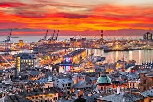Images Dated 29th December 2021: Genova, Italy downtown skyline on the port at dusk