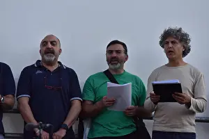 Kennedy Prints: GENOVA, ITALY - MAY 26 2017 - Chorus practice and Preparation for Pope Francis mass in Kennedy Place by the sea