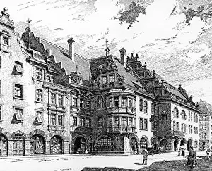 geography/travel, Germany, Munich, gastronomy, Hofbräuhaus, exterior view, wood engraving, 1898