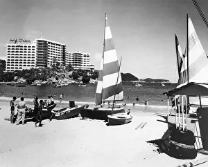 Caleta Prints: geography / travel, Mexico, Acapulco, beaches, people and boats at beach, 1960s