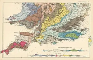 Lithographic Prints: GEOLOGICAL ENGLAND & WALES (South sheet) antique map by GW BACON 1895 old