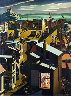 1923 Prints: Georg Scholz painting, German Small Town by Night, oil on cardboard, 1923