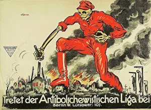 Revolutionary Prints: A german anti-communist poster frpm 1919 showing Death dressed in red walking over a burning town with the slogan