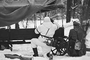 Ambush Prints: German Wehrmacht Infantry Soldier In World War II Soldiers Sitting In Ambush Near Peasant Cart In Winter Forest And