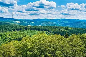 Windmills Prints: Germany, Aerial panorama nature scenery view above schwarzwald tree covered mountains near haslach im kinzigtal