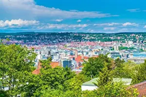 Stuttgart Prints: Germany, Aerial panorama view above downtown stuttgart city houses and churches making up the skyline of the metropolis