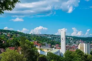 Urban Quarter Prints: Germany, Aerial panorama view above stuttgart city houses and church steeple