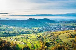 Stuttgart Prints: Germany, Aerial panorama view above swabian jura nature landscape at neuffen city in colorful autumn atmosphere