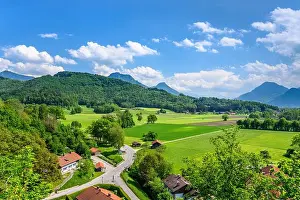 Building House Prints: Germany, Bavaria, county Rosenheim, Neubeuern, Inntal, view from Haschlberg