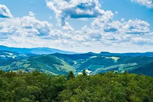Germany, Beautiful aerial panorama drone nature landscape view above schwarzwald trees