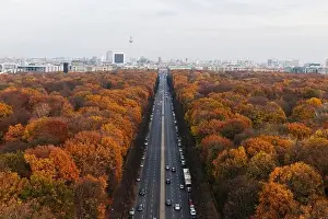 Multiple Lane Highway Prints: Germany, Berlin, Highway surrounded by autumn park trees seen from Victory Column