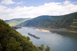 On The Move Prints: Germany, freight barg on river Rhine seen from Burg Rheinstein