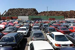 Scrap Prints: Germany Hamburg, used old cars await export to africa Cotonou Benin at pier in Hamburg port