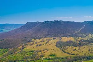 Swabian Jura Prints: Germany, Panorama aerial drone view to breitenstein rock in swabian alb nature landscape near stuttgart on sunny day