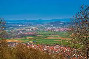 Swabian Jura Prints: Germany, Panorama aerial drone view above roofs of houses of village dettingen in swabian alb nature landscape near