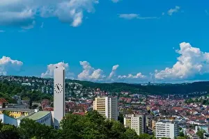 Urban Quarter Prints: Germany, Panorama view above stuttgart city houses and church steeple