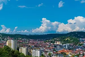 Germany, Panorama view above stuttgart city houses and church steeple