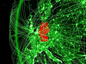 Connections Prints: Germany from space on green model of Earth with international networks