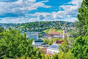 Germany, Stuttgart aerial drone panorama view above beautiful skyline