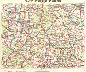 Stuttgart Prints: GERMANY: Stuttgart-Mannheim, 1936 vintage map