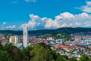 Germany, Stuttgart panorama view above city houses and church steeple