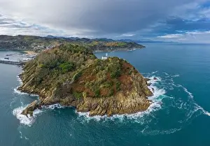 Getaria lighthouse in Gipuzkoa, Basque country - drone aerial view