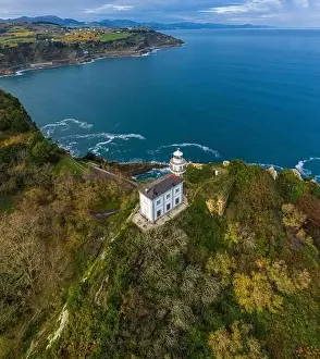 Cantabrian Prints: Getaria lighthouse in Gipuzkoa, Basque country - drone aerial view