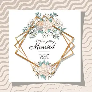 Wedding Invitation Prints: we are getting married text in gold frame with flowers and leaves design