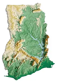 Ghana Prints: Ghana. Detailed 3D rendering of a shaded relief map with rivers and lakes