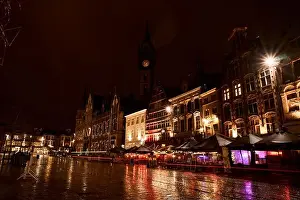 Town Square Prints: Ghent belfry tower illuminating korenmarkt at night in belgium. Belgium tourism