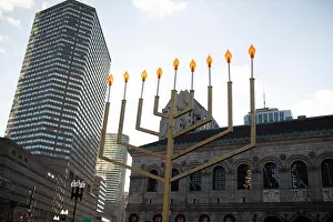 Candles Prints: A giant menorah on display for Hanukkah in Copley Plaza in downtown Boston