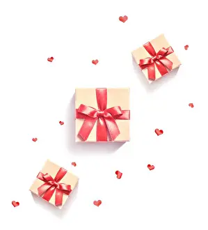 White Day Prints: Gift box with red ribbon and heart on white background