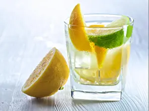 Vodka Prints: gin and tonic with lemon and ice on wooden table