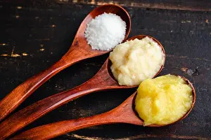Paste Prints: Ginger-Garlic Sauce Ingredients in Wooden Spoons: Pureed ginger and garlic with and kosher salt in wood spoons