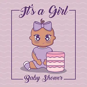Baby Girl Prints: its a girl baby shower concept with cute baby girl and cake icon over purple background