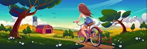 Blue Day Prints: Girl on bicycle riding rural dirt farm road