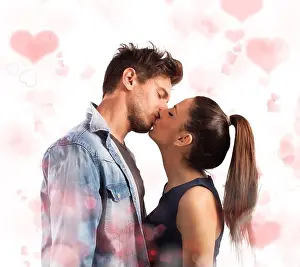 Flirt Prints: Girl and boy kissing with red hearts