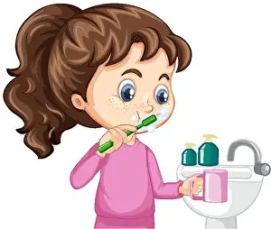 Young Child Prints: A girl cartoon character brushing teeth with water sink illustration