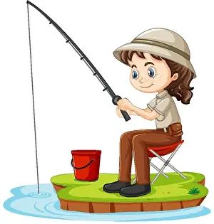Entertain Prints: A girl cartoon character sitting and fishing on white background