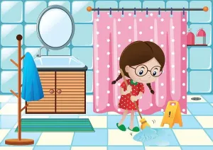 Chore Prints: Girl cleaning bathroom floor illustration