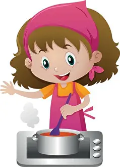 Stove Prints: Girl cooking soup on the stove illustration